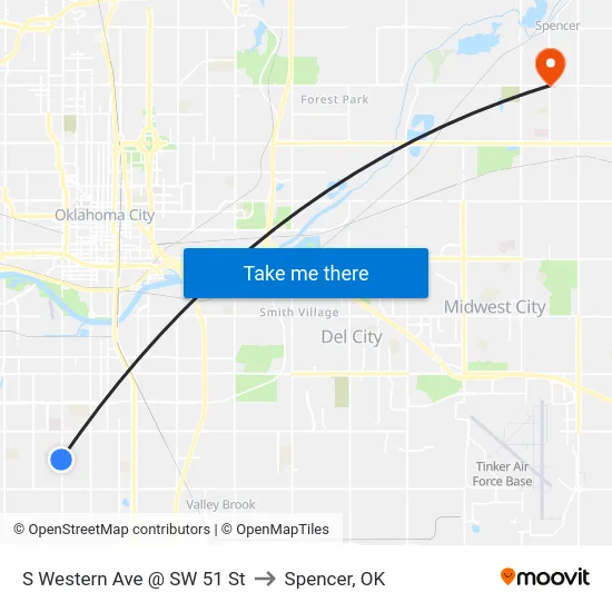 S Western Ave @ SW 51 St to Spencer, OK map