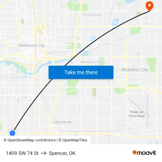 1409 SW 74 St to Spencer, OK map