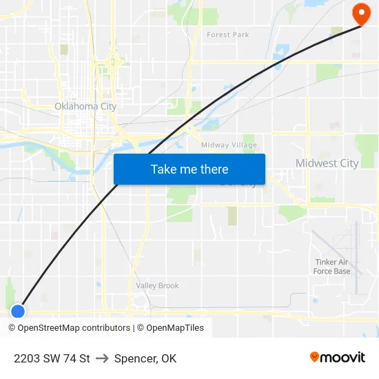 2203 SW 74 St to Spencer, OK map