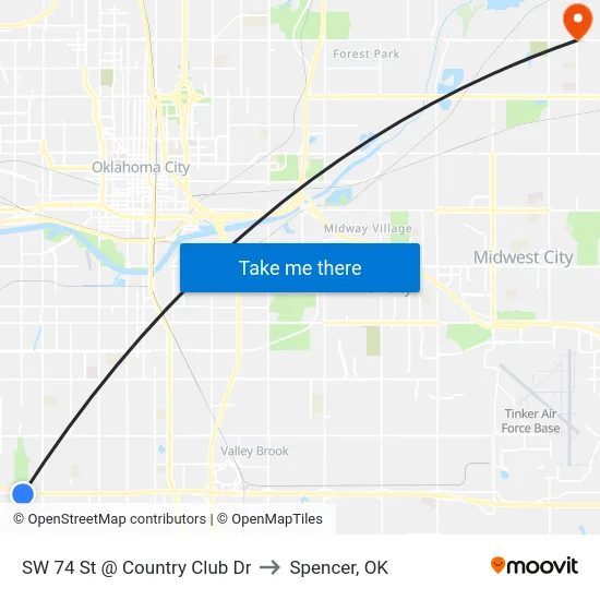 SW 74 St @ Country Club Dr to Spencer, OK map