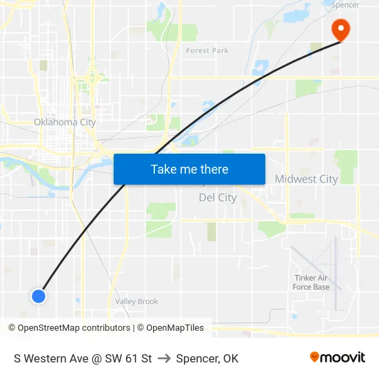 S Western Ave @ SW 61 St to Spencer, OK map