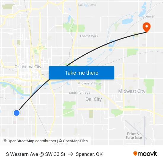 S Western Ave @ SW 33 St to Spencer, OK map