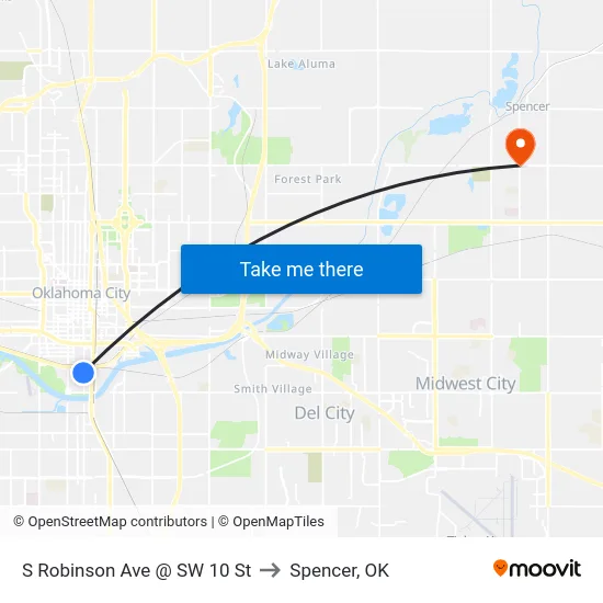 S Robinson Ave @ SW 10 St to Spencer, OK map