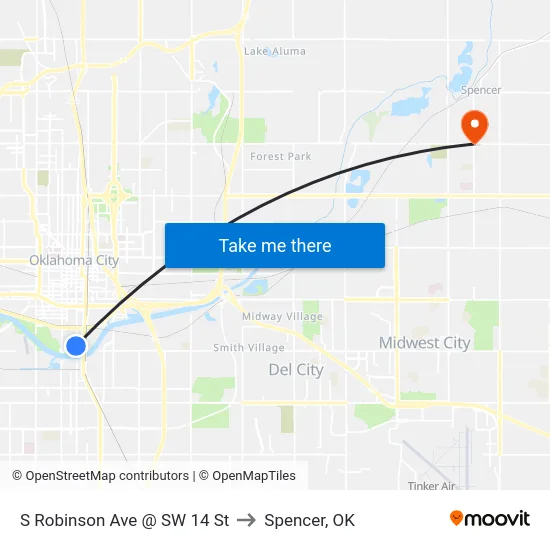 S Robinson Ave @ SW 14 St to Spencer, OK map