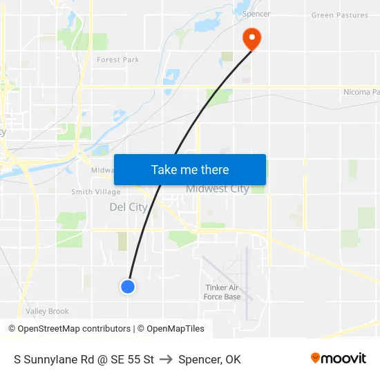 S Sunnylane Rd @ SE 55 St to Spencer, OK map