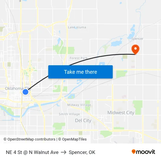 NE 4 St @ N Walnut Ave to Spencer, OK map