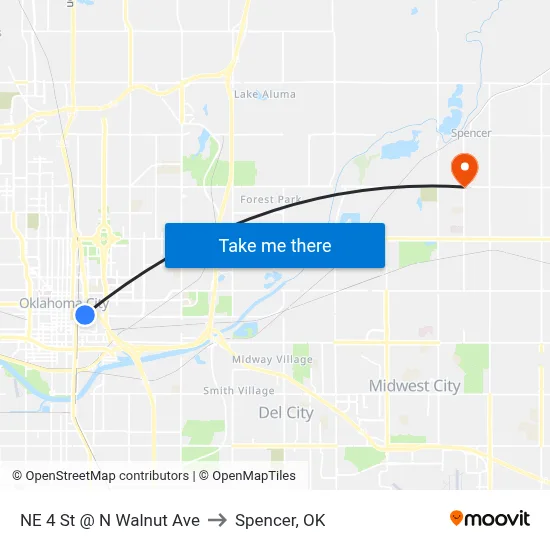 NE 4 St @ N Walnut Ave to Spencer, OK map