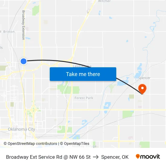 Broadway Ext Service Rd @ NW 66 St to Spencer, OK map