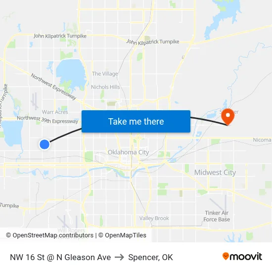 NW 16 St @ N Gleason Ave to Spencer, OK map