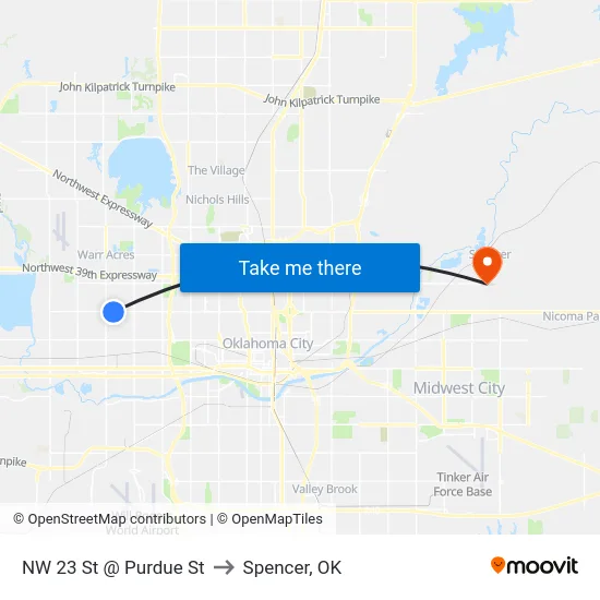 NW 23 St @ Purdue St to Spencer, OK map