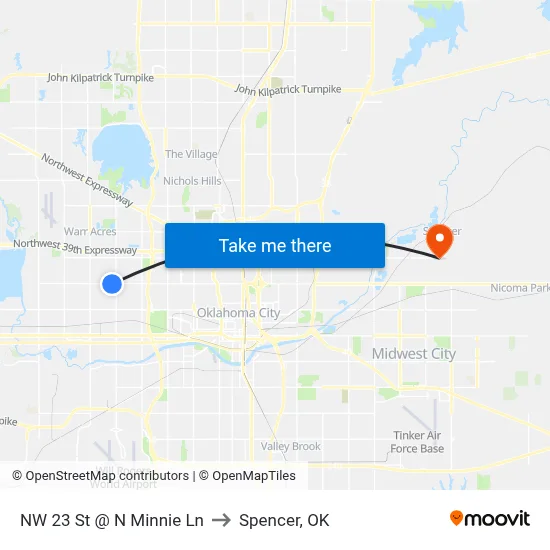 NW 23 St @ N Minnie Ln to Spencer, OK map