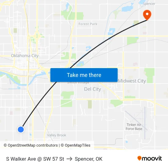 S Walker Ave @ SW 57 St to Spencer, OK map