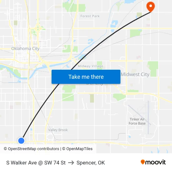 S Walker Ave @ SW 74 St to Spencer, OK map