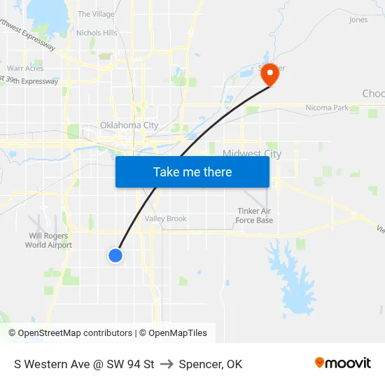 S Western Ave @ SW 94 St to Spencer, OK map