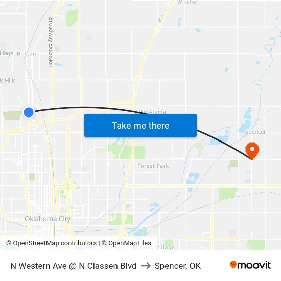 N Western Ave @ N Classen Blvd to Spencer, OK map