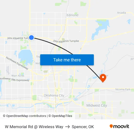 W Memorial Rd @ Wireless Way to Spencer, OK map