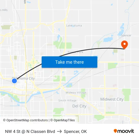 NW 4 St @ N Classen Blvd to Spencer, OK map