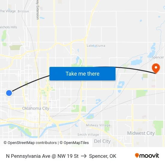 N Pennsylvania Ave @ NW 19 St to Spencer, OK map