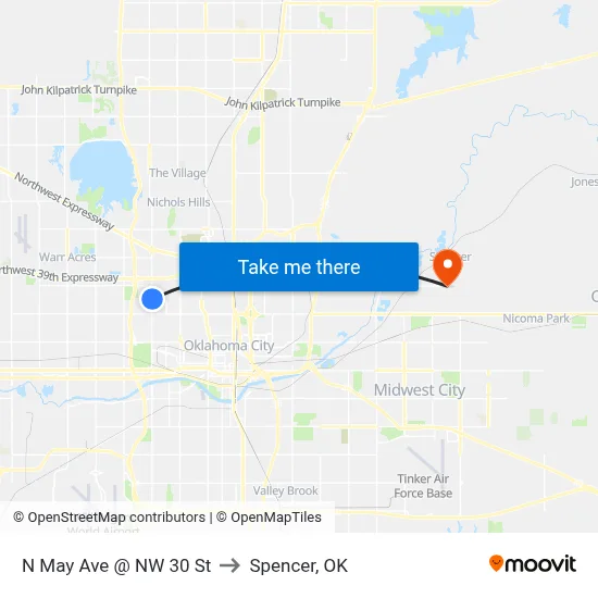 N May Ave @ NW 30 St to Spencer, OK map