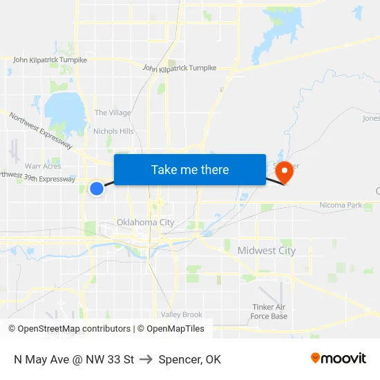 N May Ave @ NW 33 St to Spencer, OK map