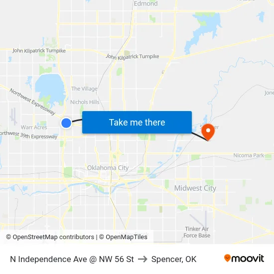 N Independence Ave @ NW 56 St to Spencer, OK map