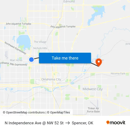 N Independence Ave @ NW 52 St to Spencer, OK map