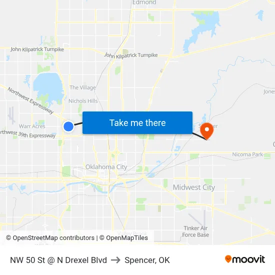NW 50 St @ N Drexel Blvd to Spencer, OK map