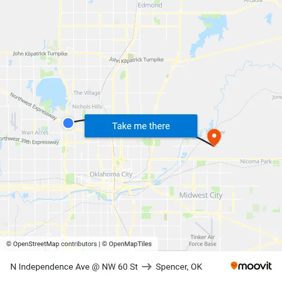 N Independence Ave @ NW 60 St to Spencer, OK map