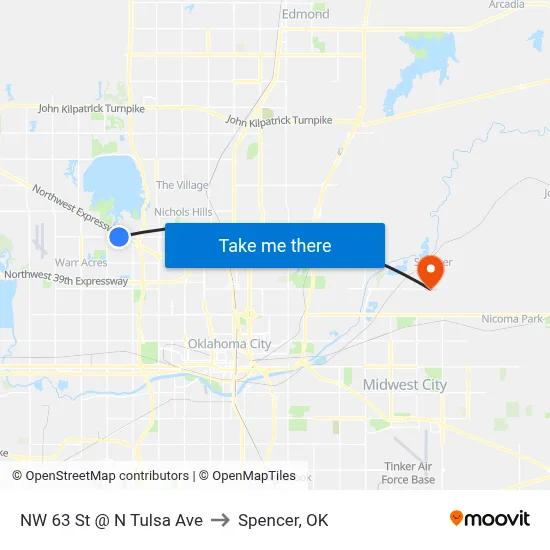 NW 63 St @ N Tulsa Ave to Spencer, OK map