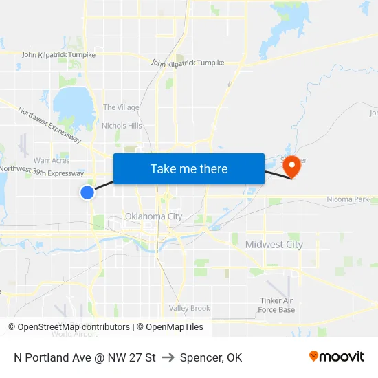 N Portland Ave @ NW 27 St to Spencer, OK map