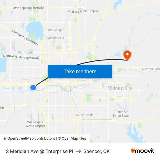 S Meridian Ave @ Enterprise Pl to Spencer, OK map