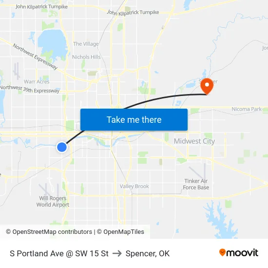 S Portland Ave @ SW 15 St to Spencer, OK map