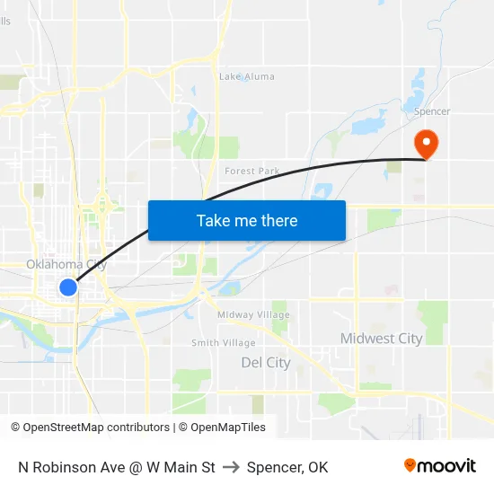 N Robinson Ave @ W Main St to Spencer, OK map