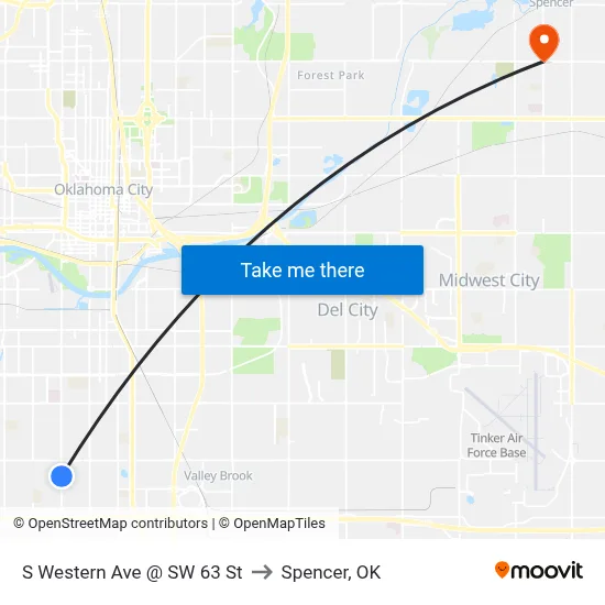 S Western Ave @ SW 63 St to Spencer, OK map