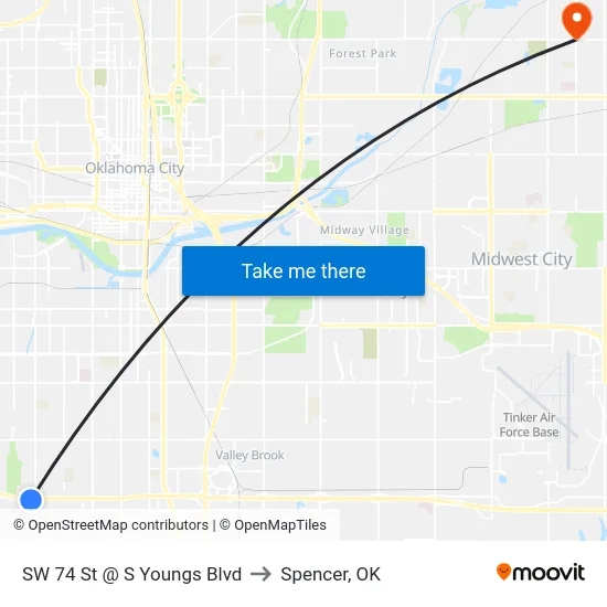 SW 74 St @ S Youngs Blvd to Spencer, OK map