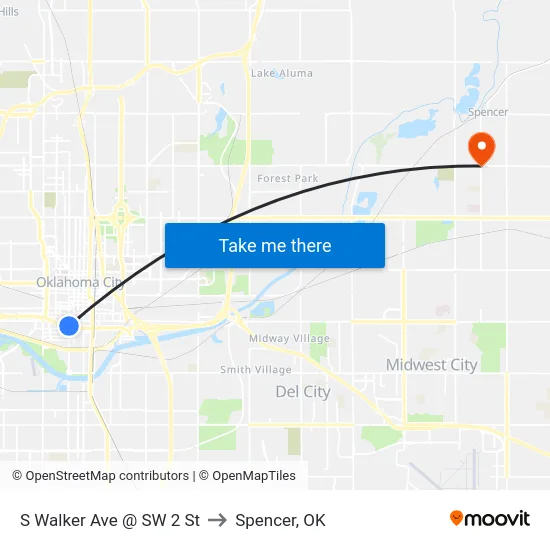 S Walker Ave @ SW 2 St to Spencer, OK map
