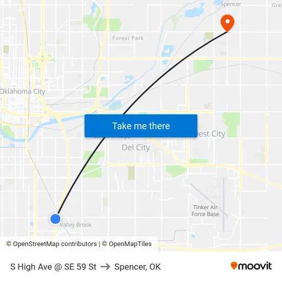 S High Ave @ SE 59 St to Spencer, OK map
