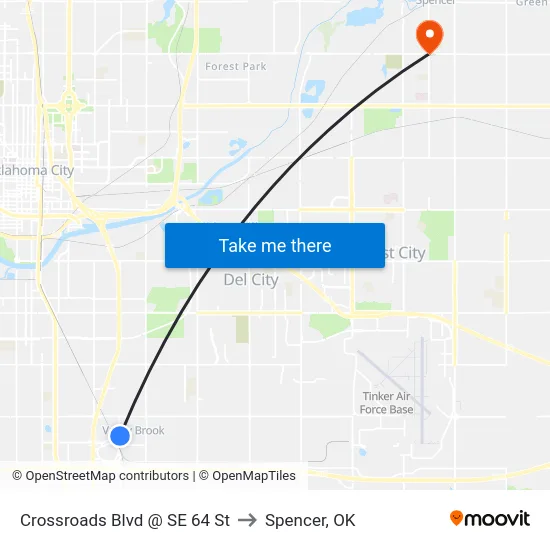 Crossroads Blvd @ SE 64 St to Spencer, OK map