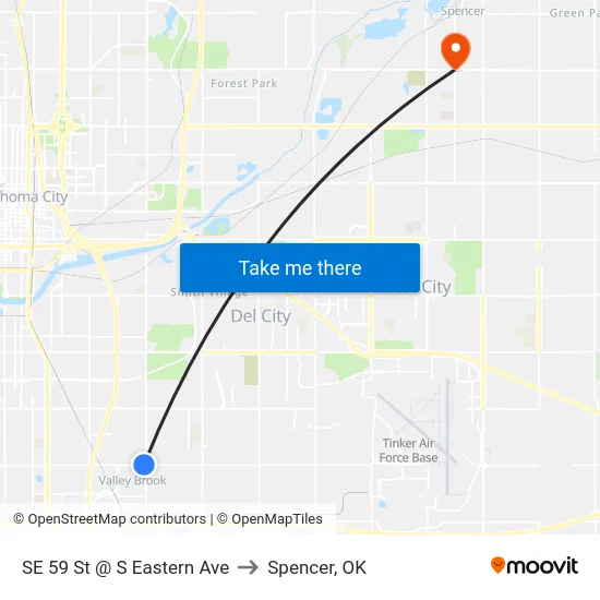 SE 59 St @ S Eastern Ave to Spencer, OK map