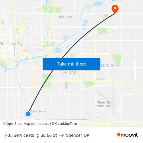 I-35 Service Rd @ SE 66 St to Spencer, OK map