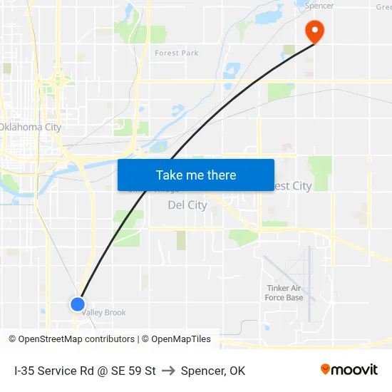 I-35 Service Rd @ SE 59 St to Spencer, OK map