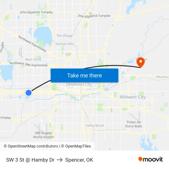 SW 3 St @ Hamby Dr to Spencer, OK map