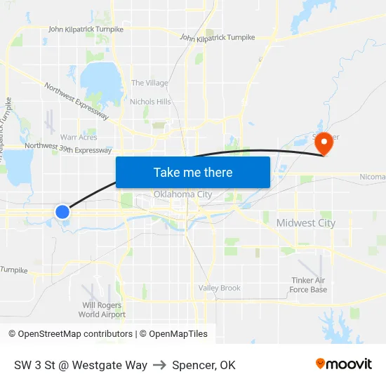SW 3 St @ Westgate Way to Spencer, OK map