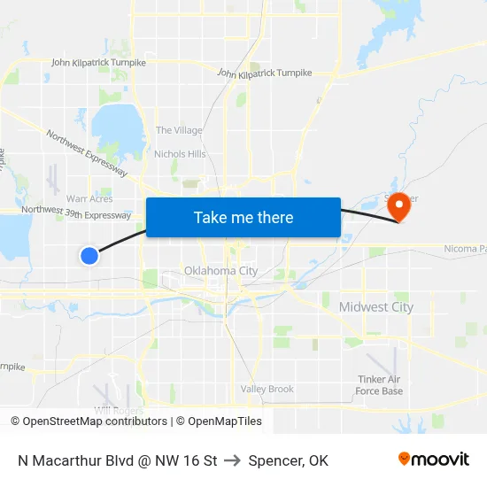 N Macarthur Blvd @ NW 16 St to Spencer, OK map