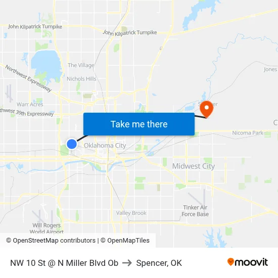 NW 10 St @ N Miller Blvd Ob to Spencer, OK map