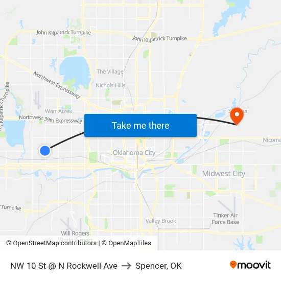 NW 10 St @ N Rockwell Ave to Spencer, OK map
