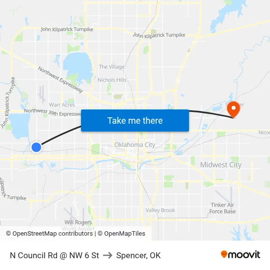N Council Rd @ NW 6 St to Spencer, OK map