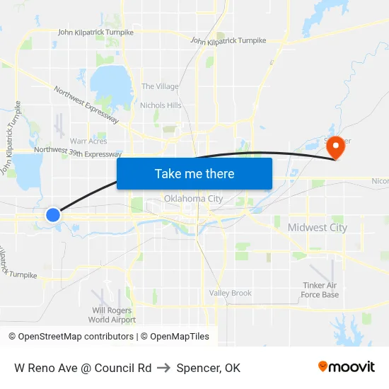 W Reno Ave @ Council Rd to Spencer, OK map