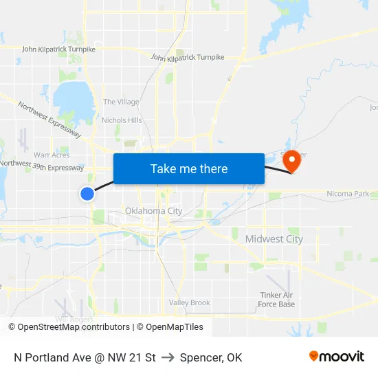 N Portland Ave @ NW 21 St to Spencer, OK map