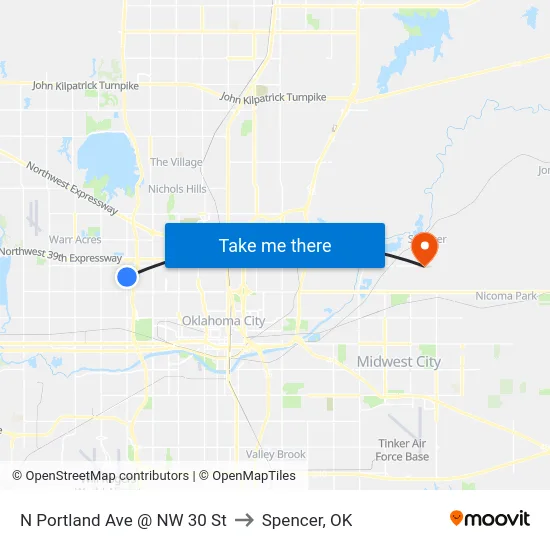 N Portland Ave @ NW 30 St to Spencer, OK map